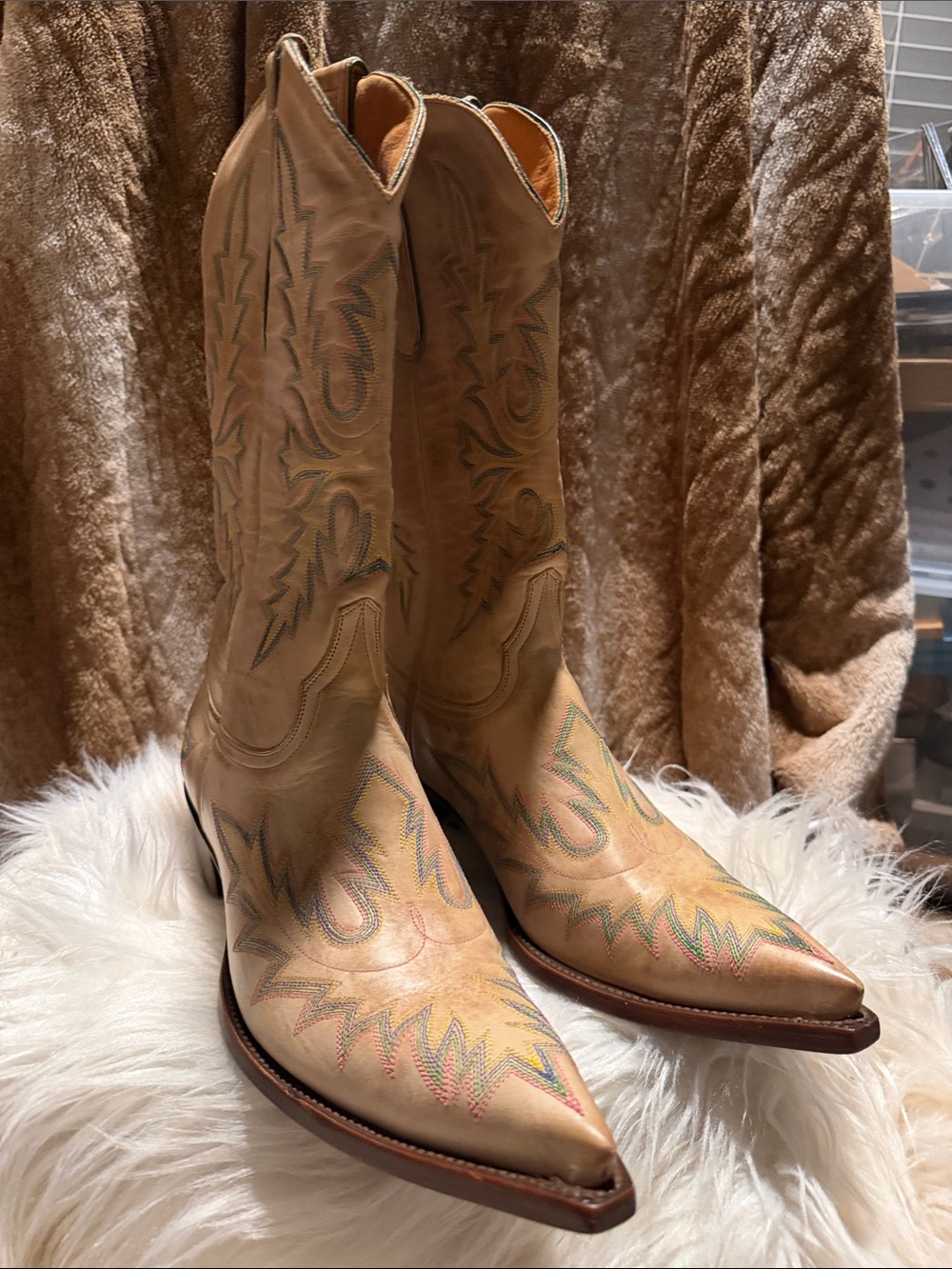 Old Gringo Tan Leather Western Boots with Multicolor Stitching….